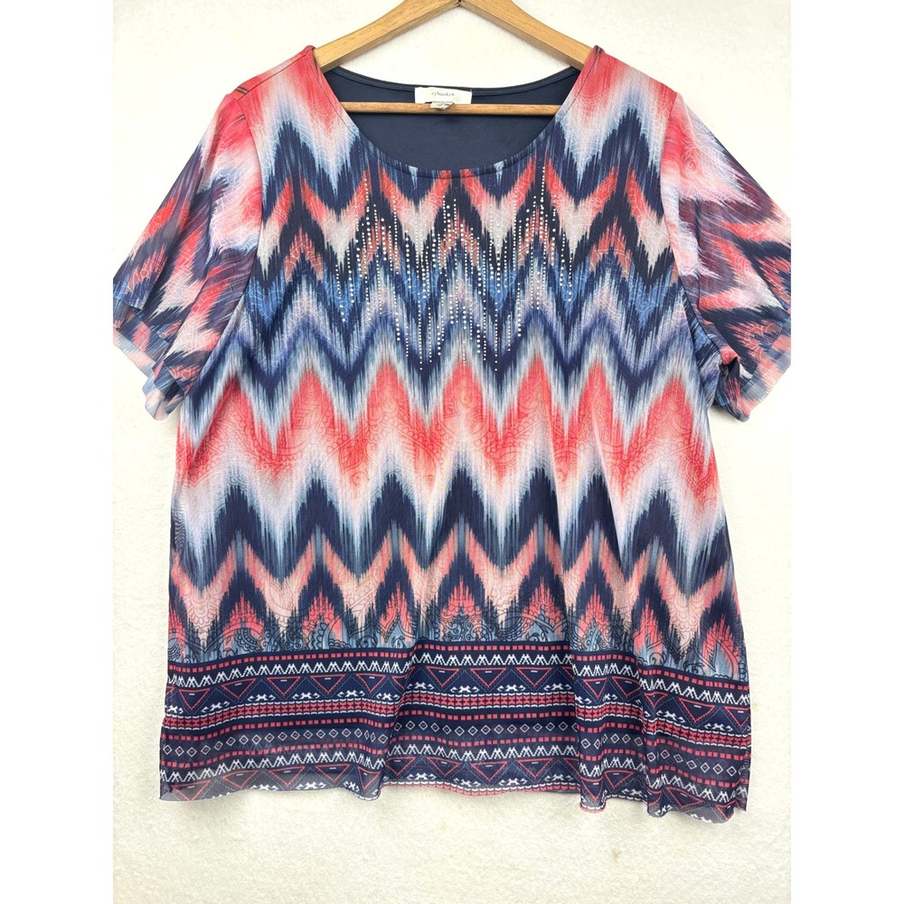 CJ‎ Banks Mesh Blouse Womens 1X Chevron Rhinestone Short Sleeve Boho Eclectic